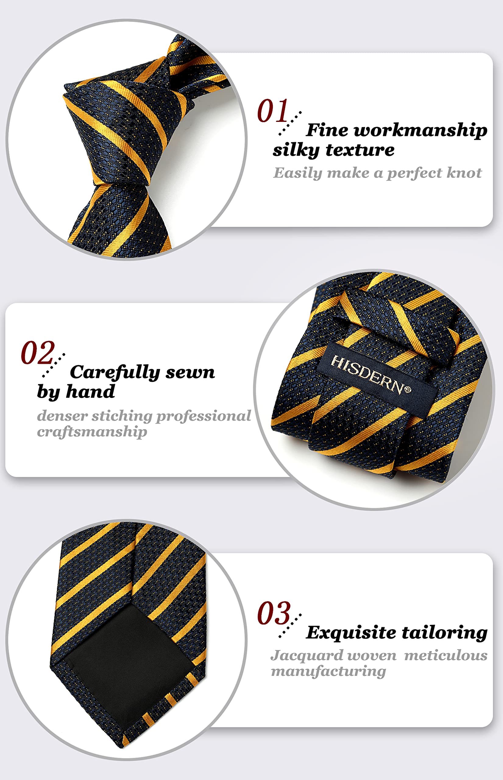 HISDERN Men's Tie and Pocket Square Set Striped Navy Blue & Yellow Ties Formal Classic Elegant Necktie & Handkerchief for Business Wedding Party