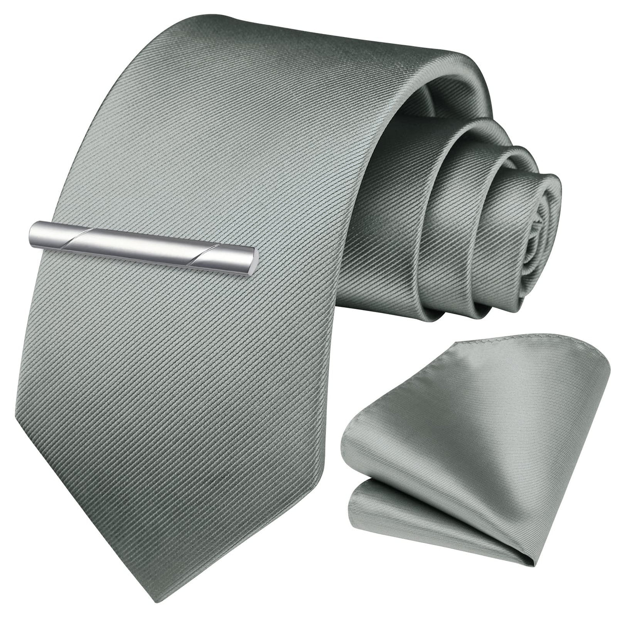 HISDERN Grey Solid Color Wedding Tie and Pocket Square, Classic Tie Clip Set for Men-Multiple Colors