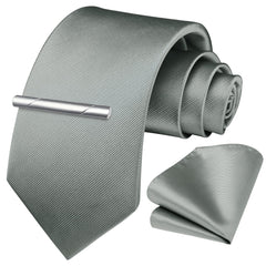 HISDERN Grey Solid Color Wedding Tie and Pocket Square, Classic Tie Clip Set for Men-Multiple Colors