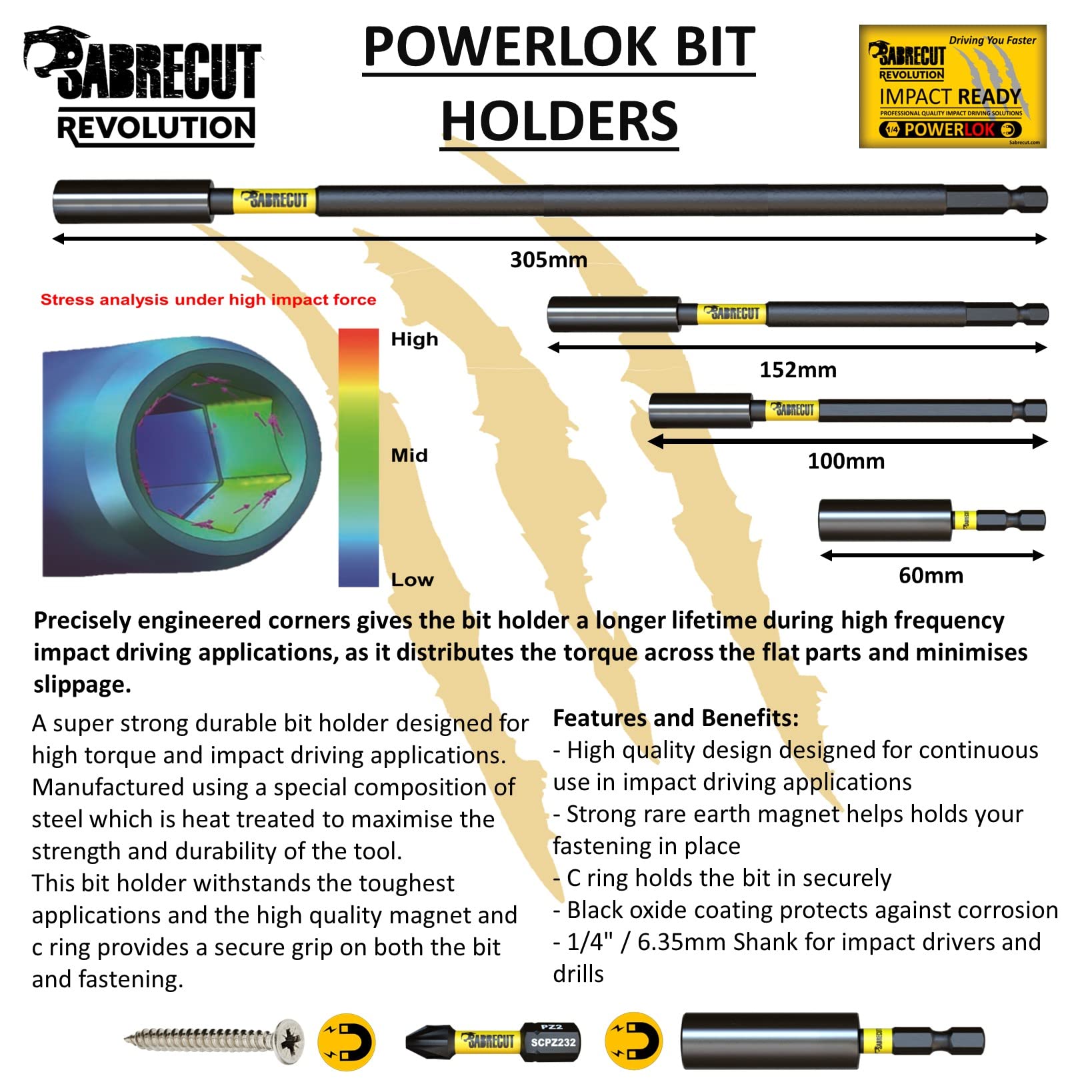 8 Piece SabreCut SCRK10 Magnetic 60mm 100mm, 152mm and 305mm Professional Impact Bit Holders with 4 x 32mm PZ2 Screwdriver Impact Bits Compatible with Dewalt, Milwaukee, Makita, Bosch and Others