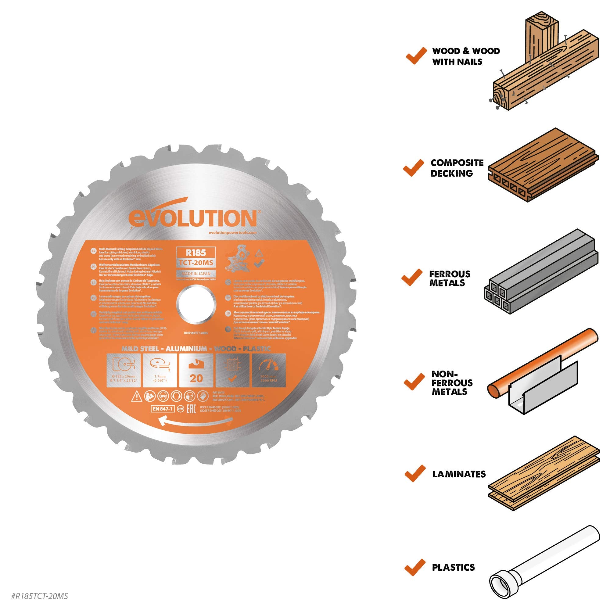 Evolution Power Tools R185TCT-20MS 185 mm Multi Material Mitre Saw Blade (AKA TCT Saw Blade, Metal Cutting Blade, Wood Blade) - Carbide Tipped Blade Cuts Wood, Metal and Plastic