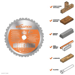 Evolution Power Tools R185TCT-20MS 185 mm Multi Material Mitre Saw Blade (AKA TCT Saw Blade, Metal Cutting Blade, Wood Blade) - Carbide Tipped Blade Cuts Wood, Metal and Plastic