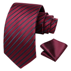 HISDERN Men's Ties Black & Burgundy Tie and Pocket Square Set Striped Formal Classic Elegant Necktie & Handkerchief for Business Wedding Party