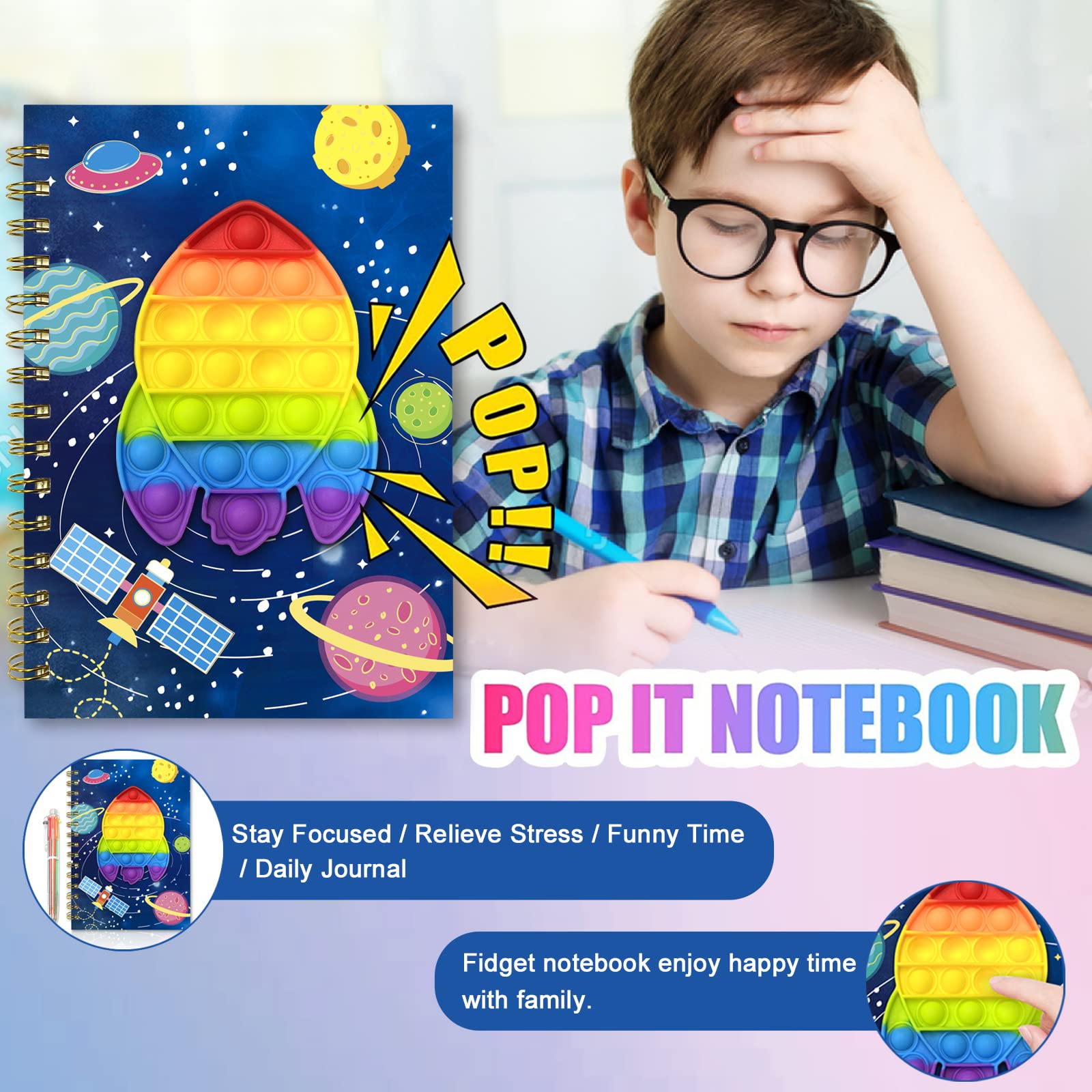 GINMLYDA Pop Secret Diary for Boys with Pen, 8.25x5.7 Inches 160 Pages Spacecraft Fidget Kids Notebook and Pen Set for Boys Birthday Presents A5 Spiral Kids Journal for Boys Gifts 6-12 Year Old