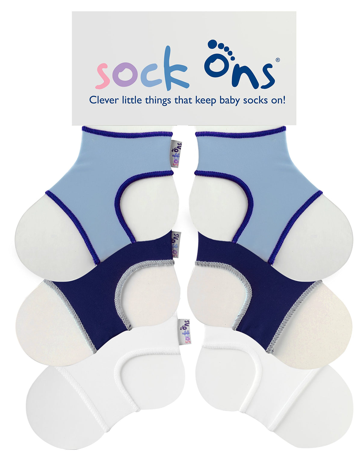 Sock Ons - Baby Sock Holders - 0-6 Months - 3 Pack (1 x Baby Blue, 1 x Navy, 1 x White) - Amazing Value Pack - Keep Baby