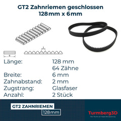 GT2 Closed Timing Belt 6 mm Wide, 2 pieces each (128mm)