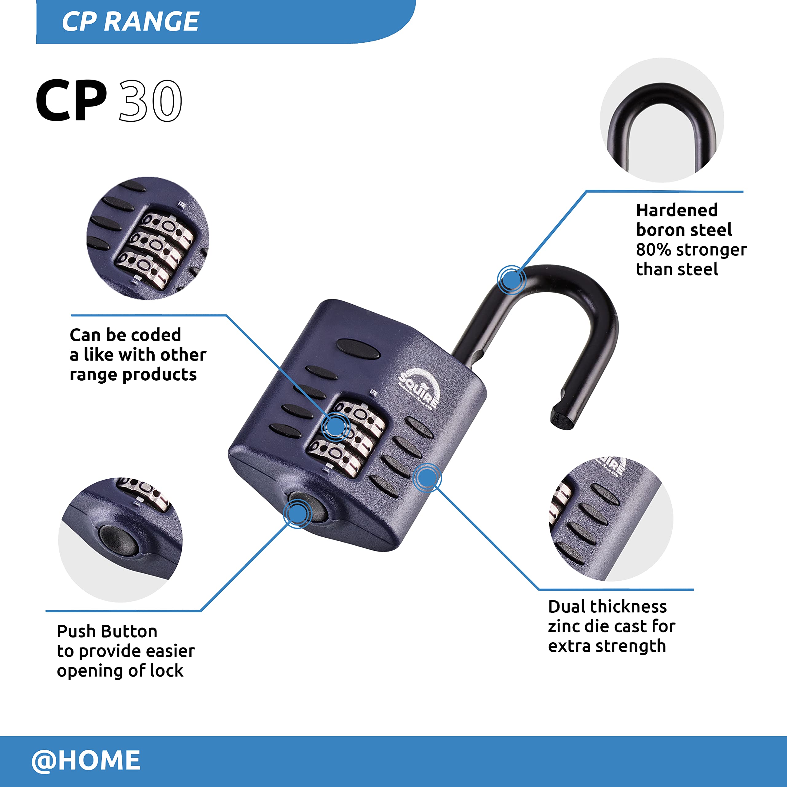 Squire Heavy Duty Padlock (CP30) - Toughest Steel Shackle - 3 Wheel Combination Small Padlock - Alloy Steel for Corrosion Resistance - Weatherproof Lock for Home, Luggage, Suitcase & Gym (Blue, 30 mm)