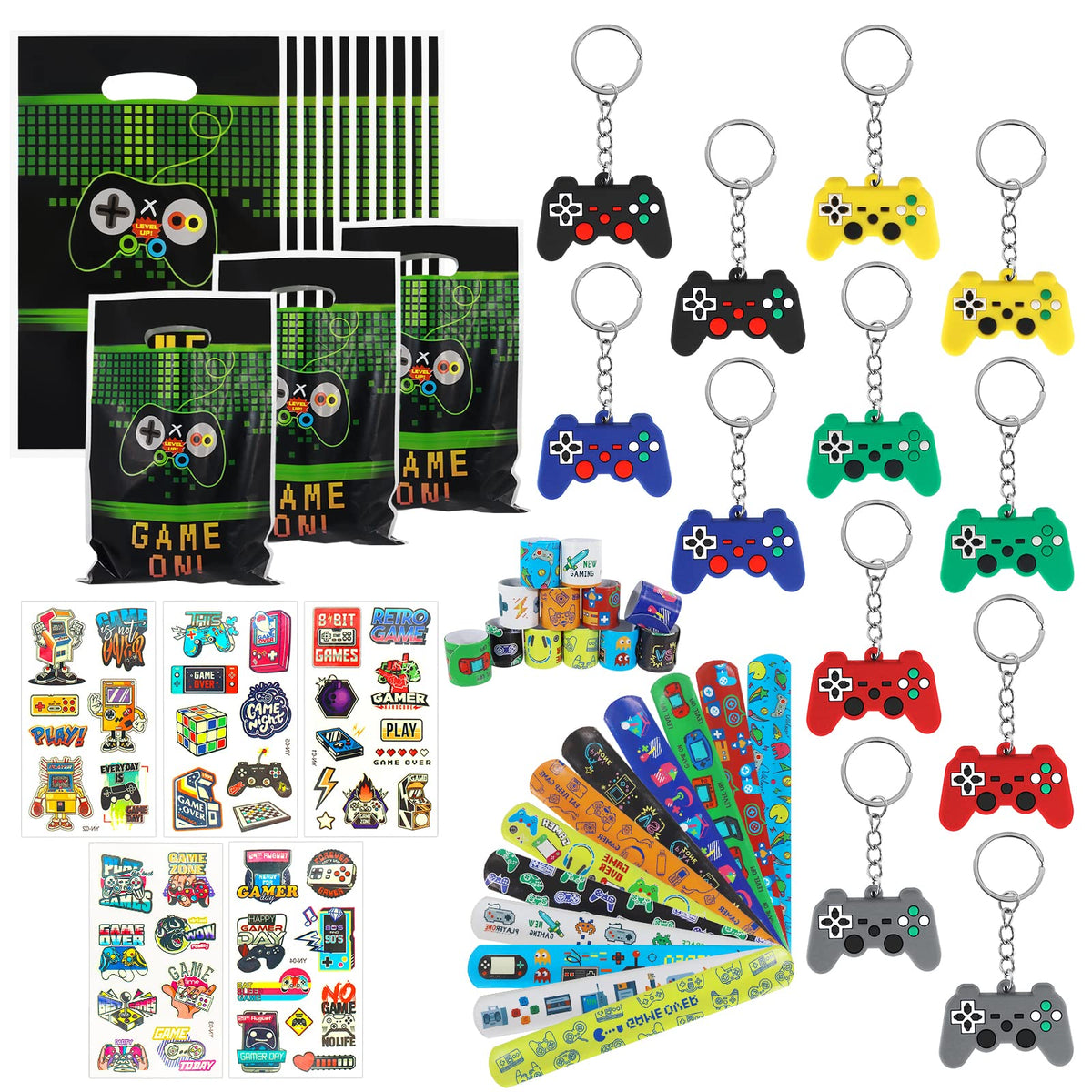 Bomtop 41Pcs Video Game Party Bag Fillers for Kids Unisex, Pinata Filler Birthday Party Gifts Favors for Kids with Party Bags, Slap Bands, Keychains, Luminous Tattoos, Lucky Dip Prize for Boys Girls