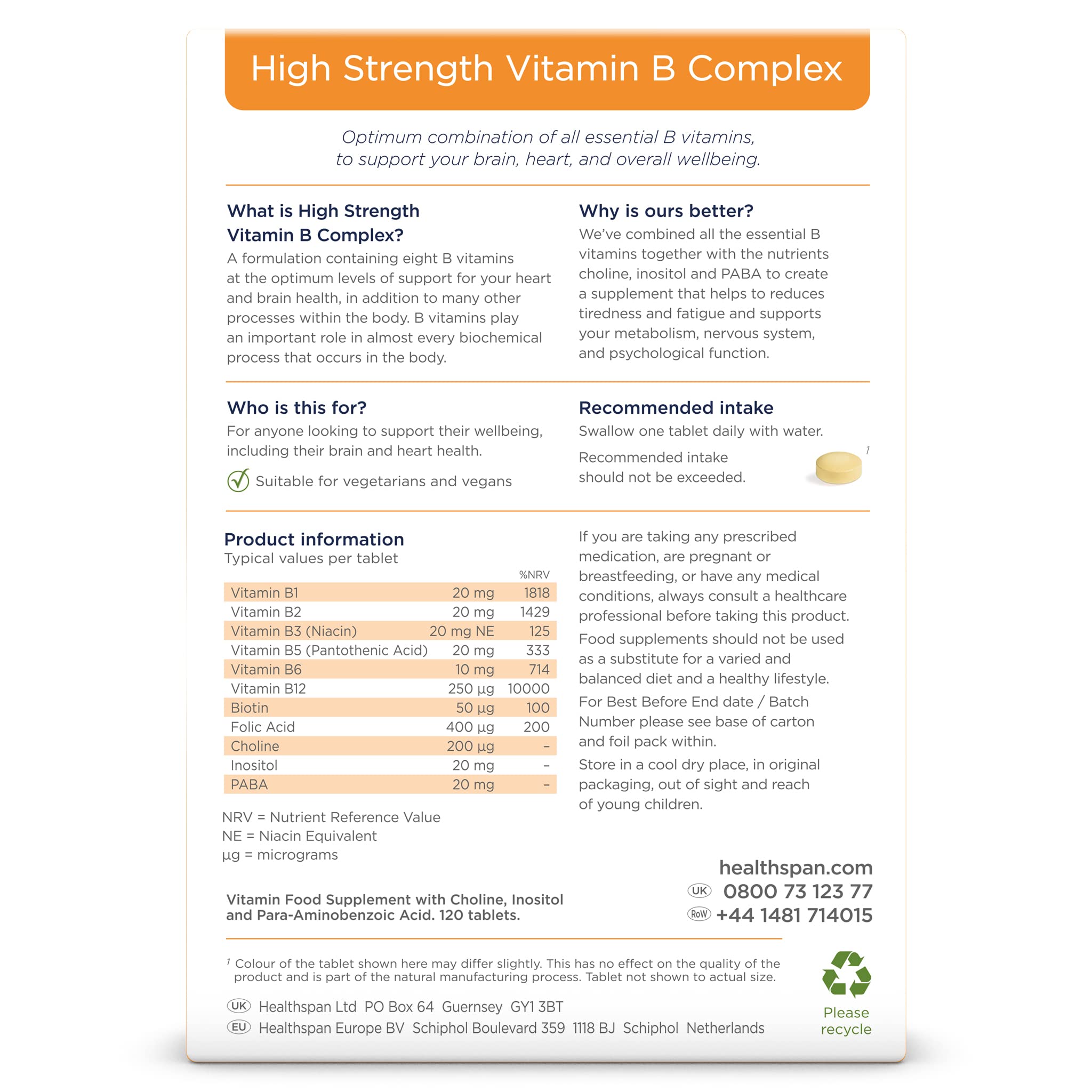 Healthspan High Strength Vitamin B Complex (120 Tablets)   High Levels of All 8 B-Complex Vitamins   Supports Brain & Heart Health   Immune Health   Reduces Tiredness & Fatigue   with Choline   Vegan