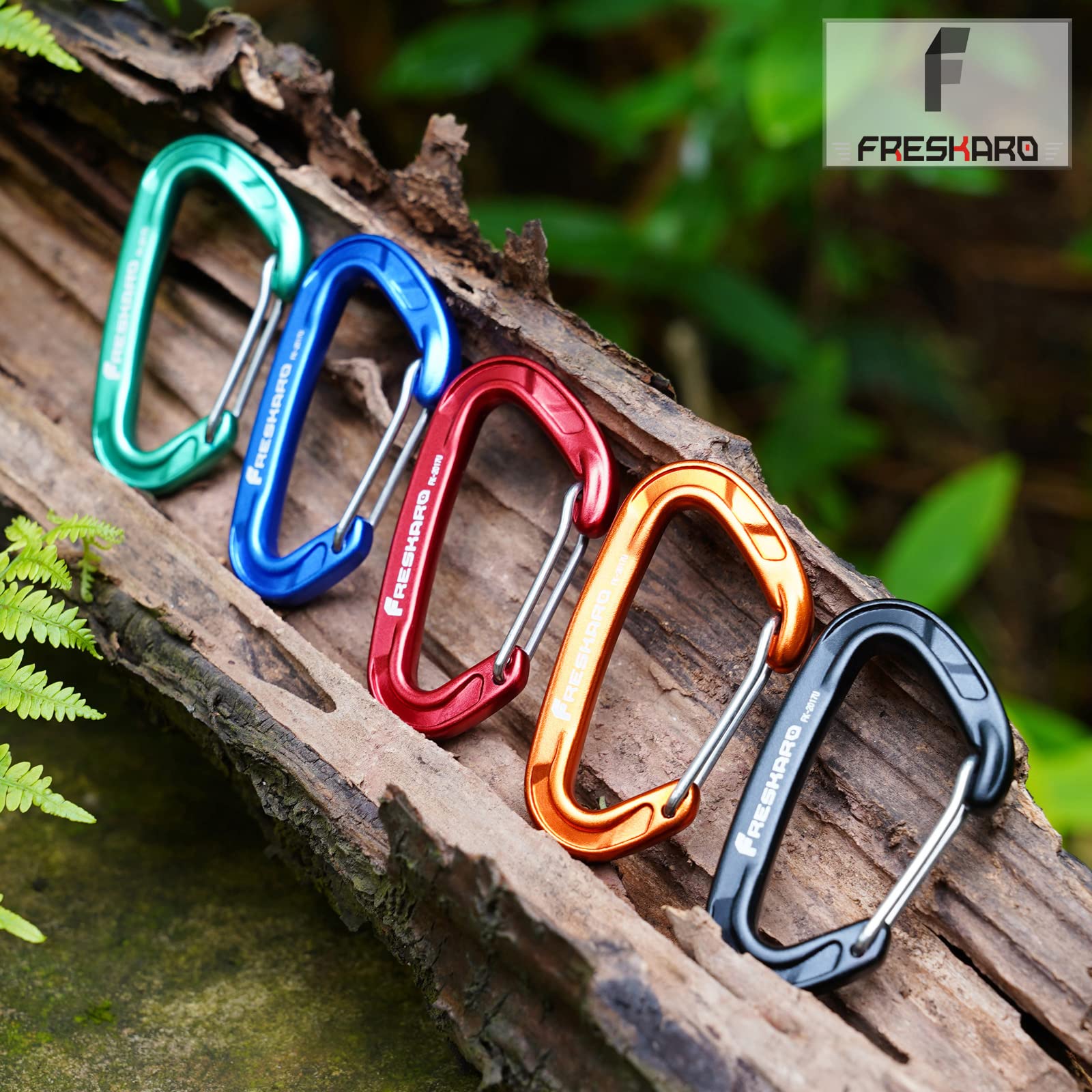 FresKaro 5pcs Carabiner Clips, caribeener clip Heavy Duty, Small Sturdy Key Keychain Accessory, Spring Snap Wire-gate Hook, 8kN 816kg, for Hiking, Camping, Fishing, Not for Climbing, Mini Size, Orange