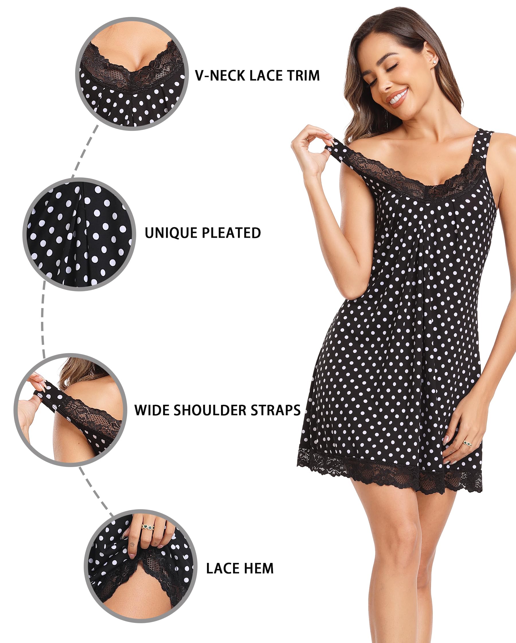 Lovasy Nighties for Women Soft Nightdresses for Women UK Loose Ladies Nightdresses Sleeveless Women's Nightdresses with Lace Ladies Nighties V Neck Night Dress Women Chemise Negligee,Black Dots,S