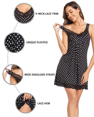 Lovasy Nighties for Women Soft Nightdresses for Women UK Loose Ladies Nightdresses Sleeveless Women's Nightdresses with Lace Ladies Nighties V Neck Night Dress Women Chemise Negligee,Black Dots,S