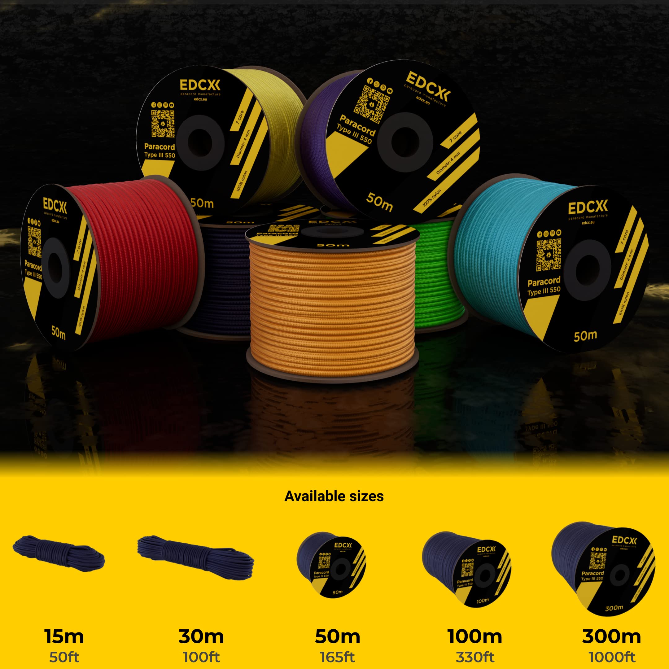 EdcX Paracord 4mm, 35and Solid Colors (10m, 15m, 30m, 50m, 100m, 300m)   Ideal for Crafting, DIY, Camping, Survival, Outdoor   100% Nylon Rope 4mm   Tactical Cord 550 Type III (Navy Blue, 15 m)