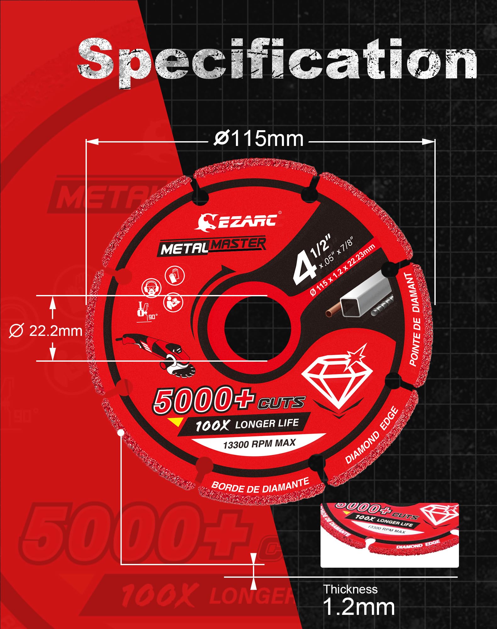 EZARC Diamond Cutting Wheel 115mm x 22.23mm for Metal, Cut Off Wheel with 5000and Cuts on Rebar, Steel, Iron and INOX