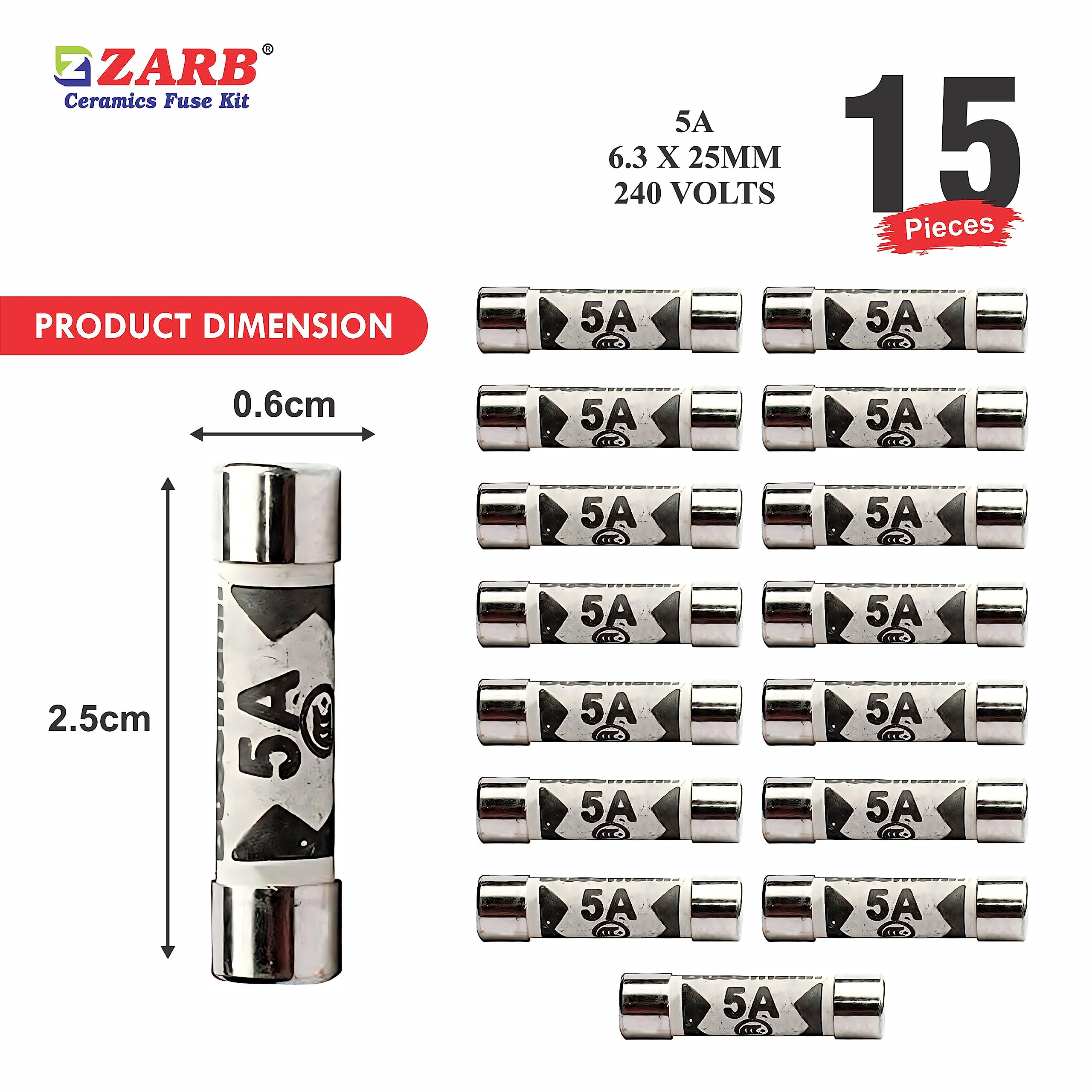 15 x Fuses 5A, 5 Amp Fuses UK 240V/250V pack of 15 of 5A Fuses BS1362 Fuses by ZARB