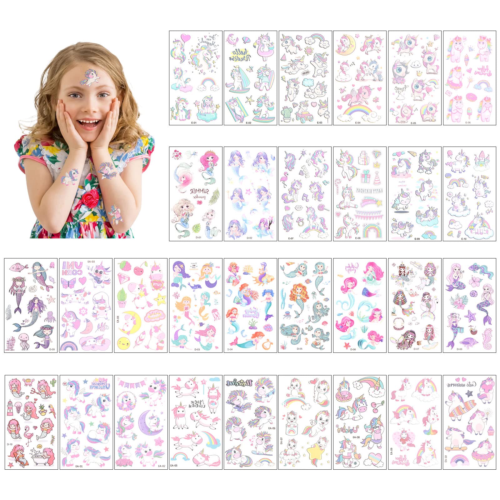 ACWOO Unicorn Temporary Tattoos, 30 Sheets Unicorn Mermaid Temporary Tattoo Stickers for Kids, 350and Patterns Waterproof Removable, Birthday Party Bag Filler