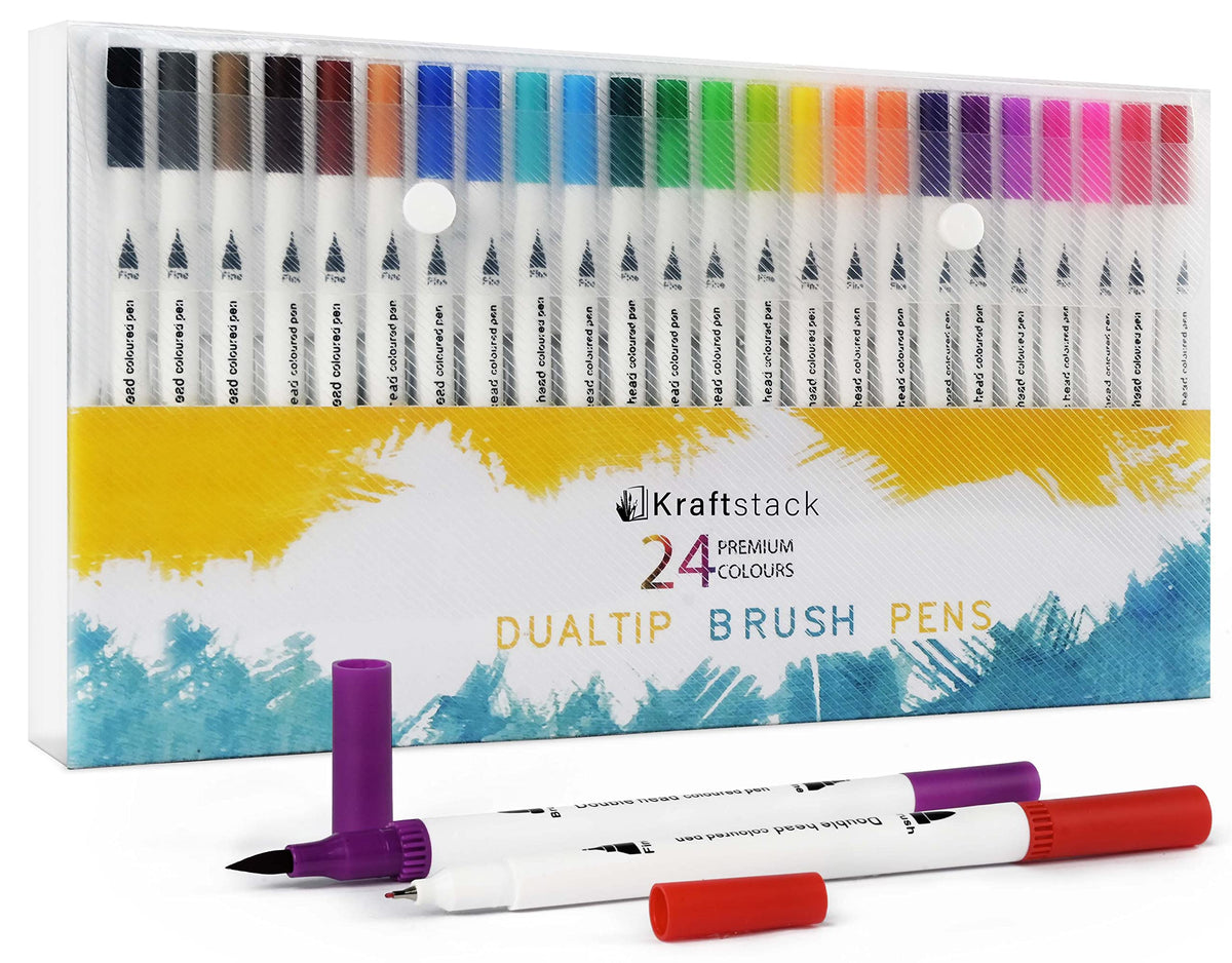 Kraftstack Dual Tip Colouring Pens for Adults and Children (Pack of 24) Dual Tip Brush Pens, Felt Tips for Adult Colouring