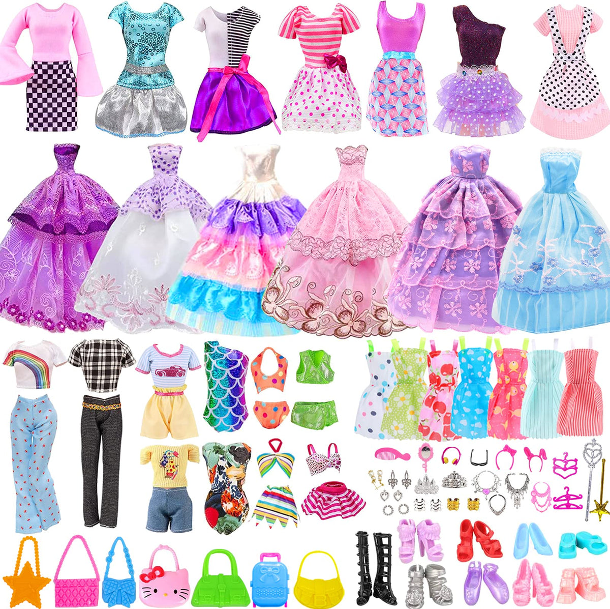 56Pcs Doll Clothes Outfit for Barbie, Doll Accessories Mini Dress Party Dress Bikini Set Tops Pants Handbags Shoes Jewelry Accessories Random Stlye for 11.5 inch Girl Doll