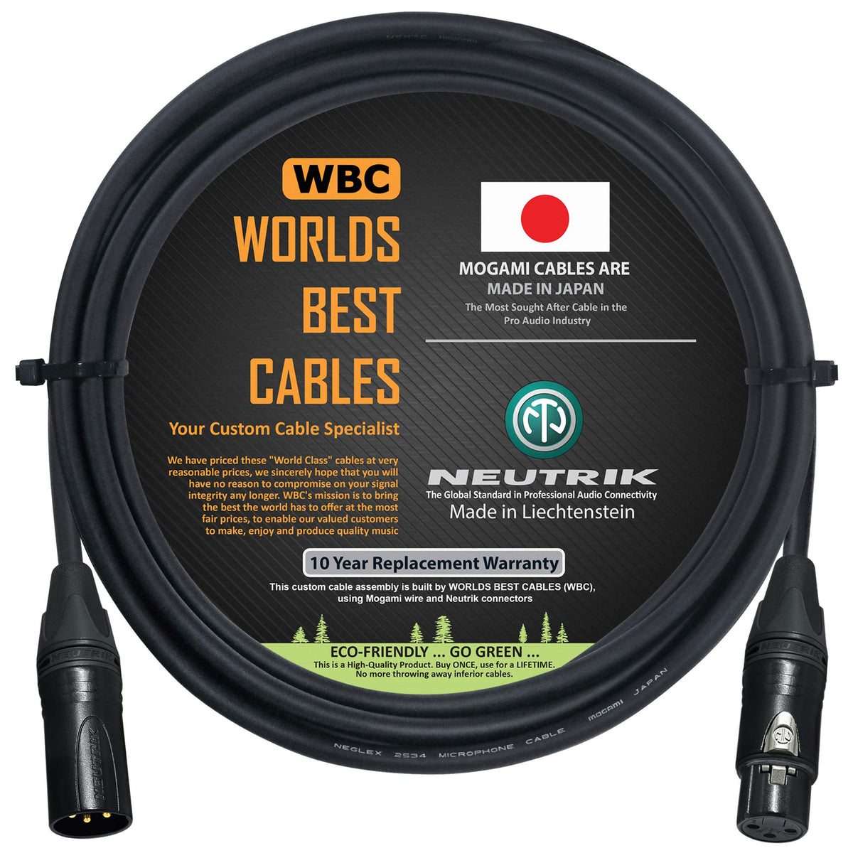 WORLDS BEST CABLES 3 Meter – Quad Balanced Microphone Cable CUSTOM MADE using Mogami 2534 wire and Neutrik NC3MXX-B Male & NC3FXX-B Female XLR Plugs.