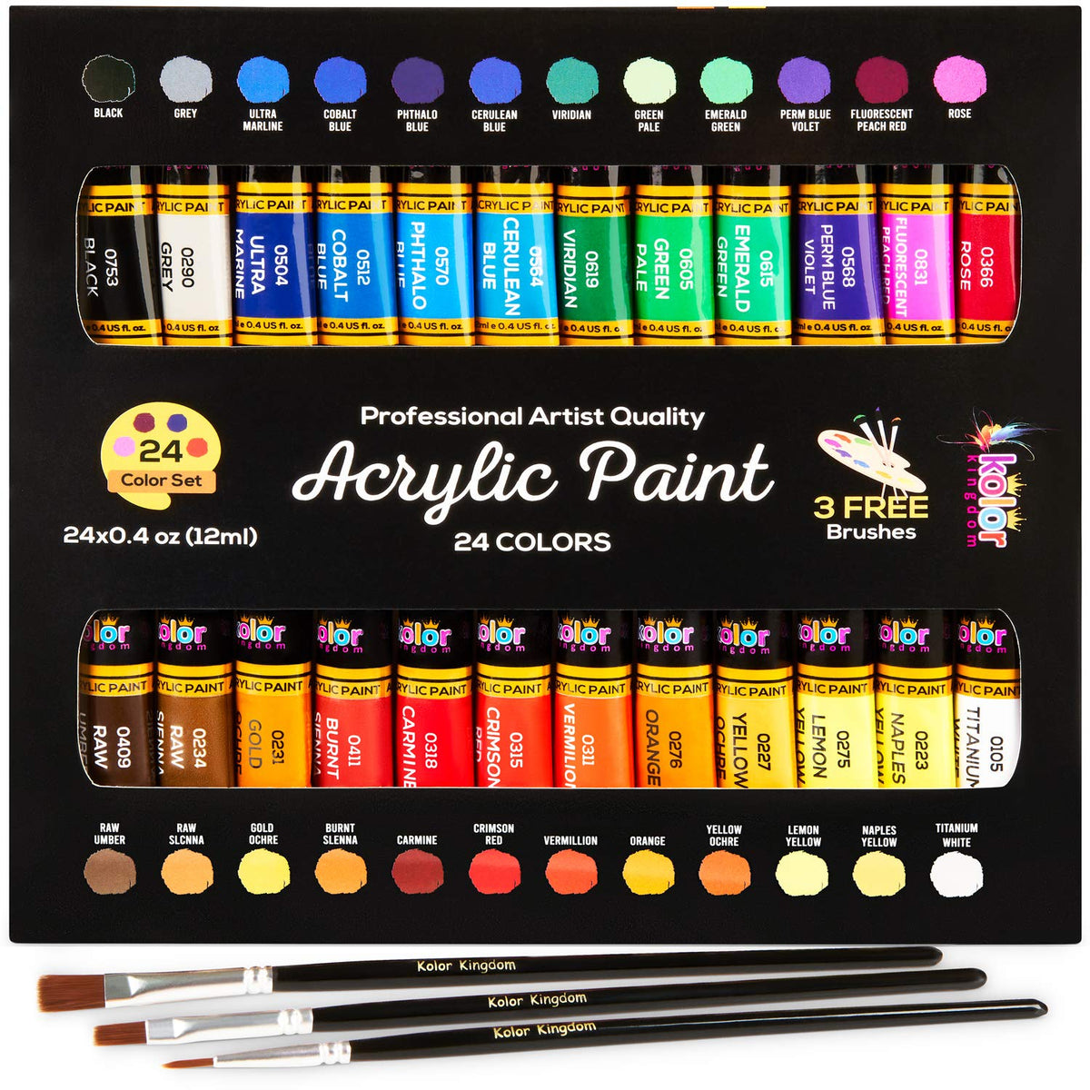 KOLOR KINGDOM Acrylic Canvas Paint Kit with 3 Kids Brushes for Crafts, Paper, Rock Painting, Wood,Ceramic & Fabric Vibrant 24 Colours