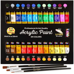 KOLOR KINGDOM Acrylic Canvas Paint Kit with 3 Kids Brushes for Crafts, Paper, Rock Painting, Wood,Ceramic & Fabric Vibrant 24 Colours