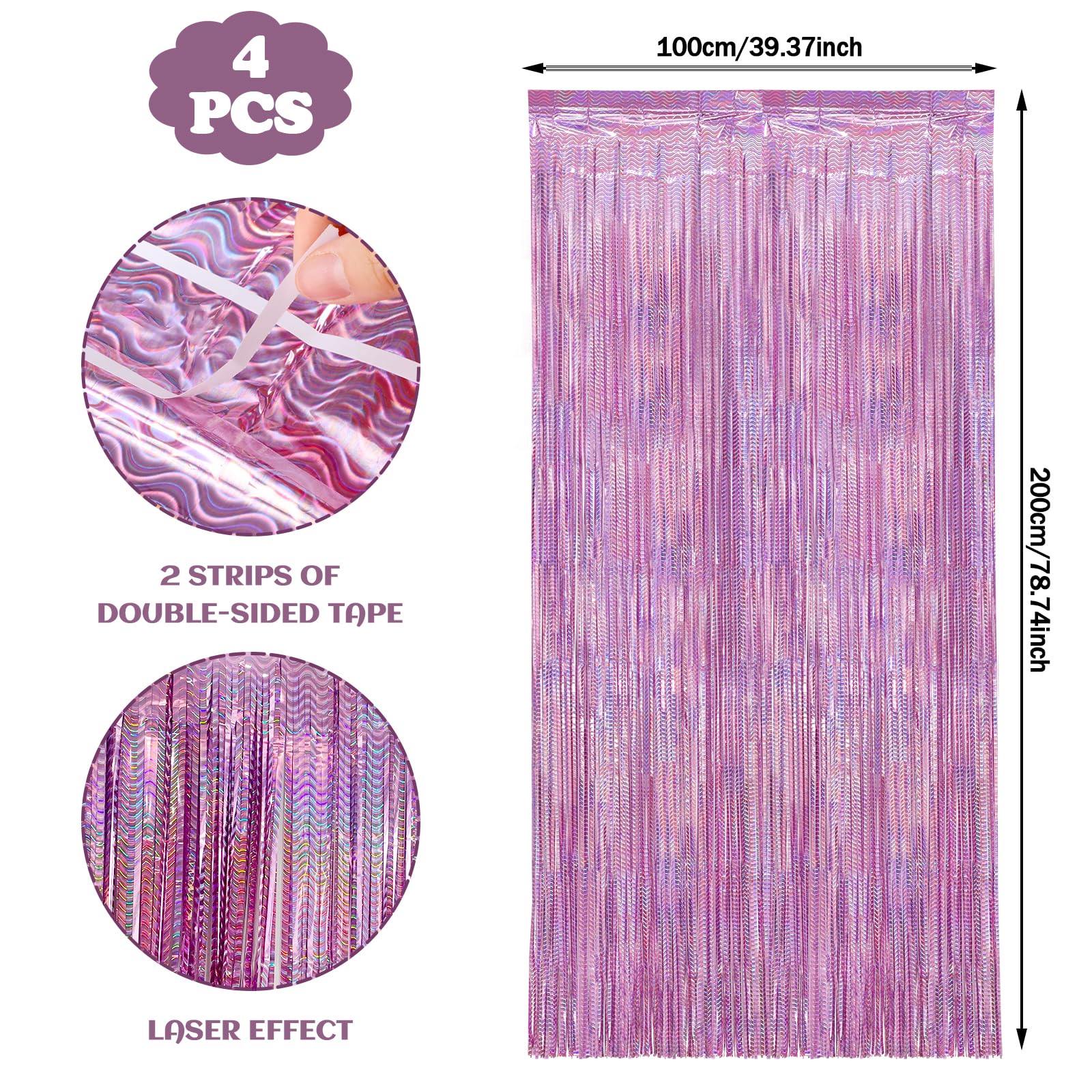 4Pcs 3.2ft x 6.5ft Pink Tinsel Curtain, Foil Fringe Curtain Streamers Backdrop Party Decoration for Wedding Graduation Birthday Christmas Holiday Party Decoration