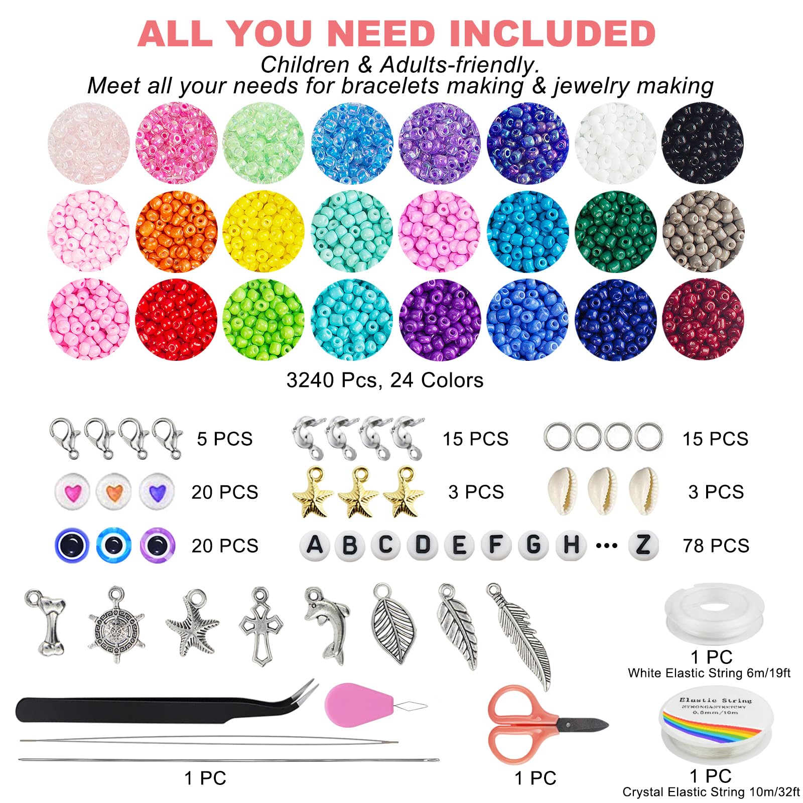 Dazhqp 4mm Glass Seed Beads for Bracelet Making Kit, 24 Colors Small Beads for Friendship Bracelet Necklace Jewellery Making Sets, DIY Craft Gifts for Girls