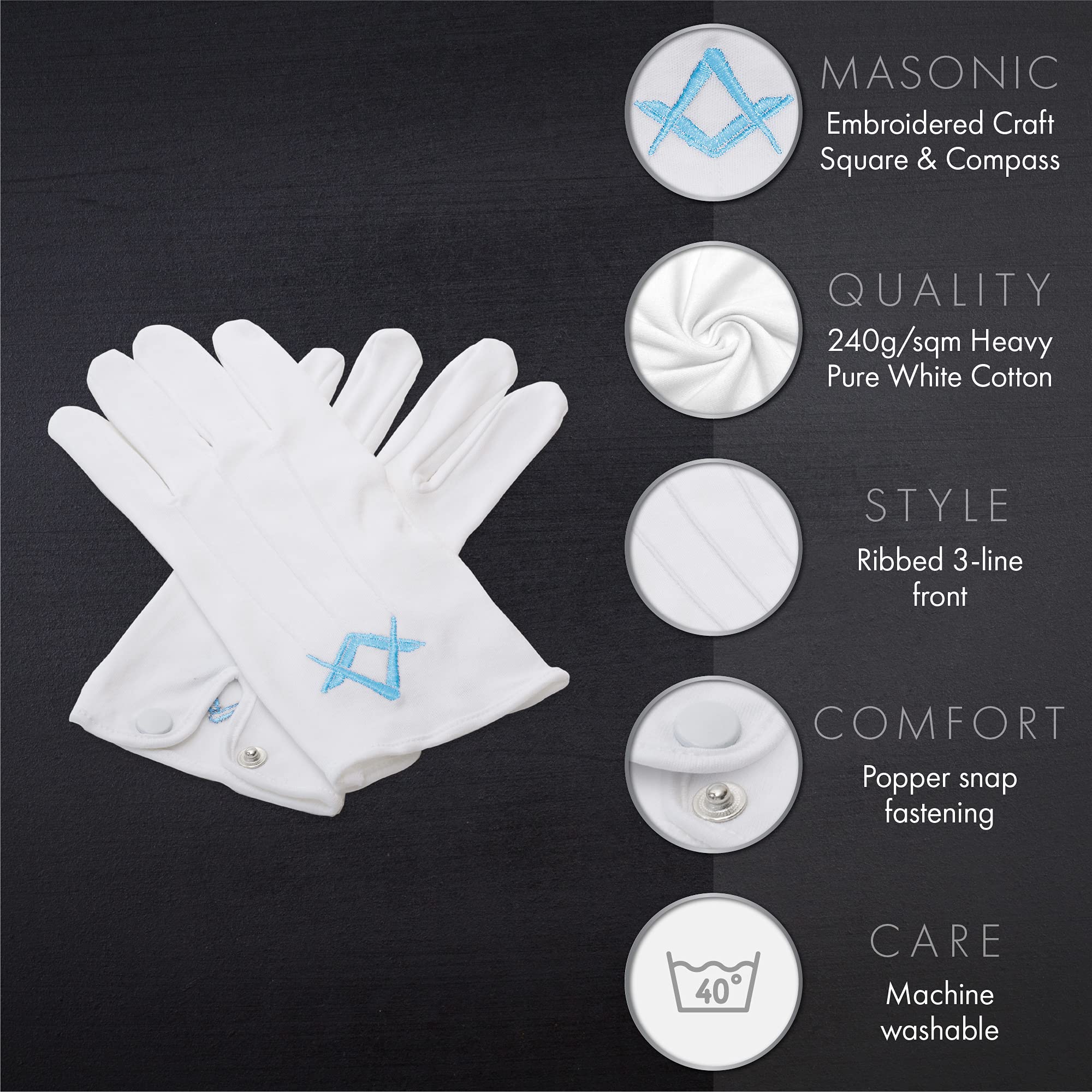 THE MASONIC COLLECTION - Freemasons Mens White Heavy Cotton Gloves - Blue Square & Compass Design - Washable - In Cellophane Sleeve - A Perfect Masonic Gift For Freemason Men