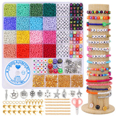 8100PCS 3mm Glass Seed Beads Bracelets Making Kit，400pcs Alphabet Letter Beads for Jewelry Making and Crafts with Elastic String Cords，Pendants, lobster clasps and other craft diy material (C-3MM)