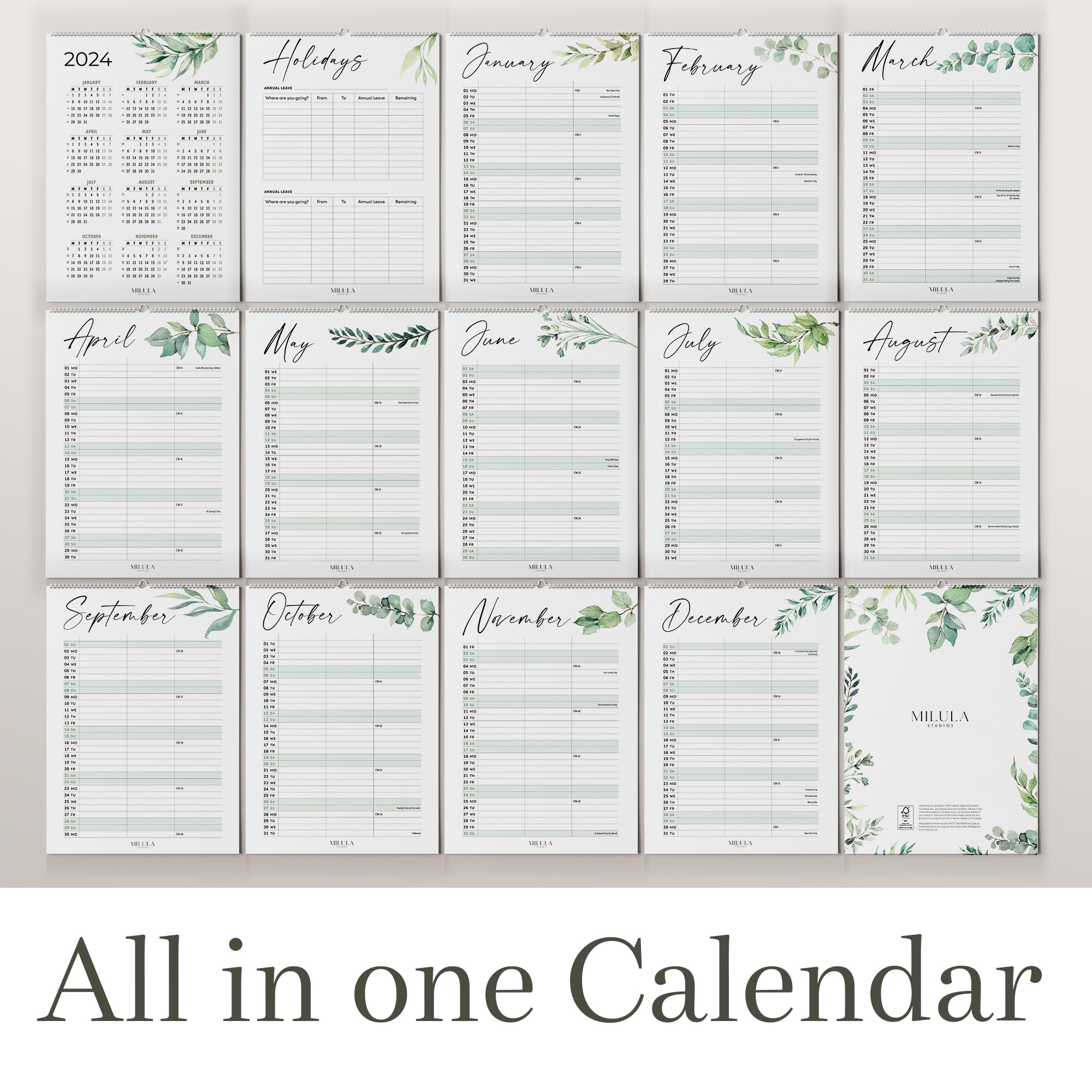 Calendar 2024 Greenery Wall Calendar - Monthly 2024 Calander in A4 Portrait Format - Family Planner 2024 - Premium Annual Calendar for Easy and Efficient Planning from Milula Studios