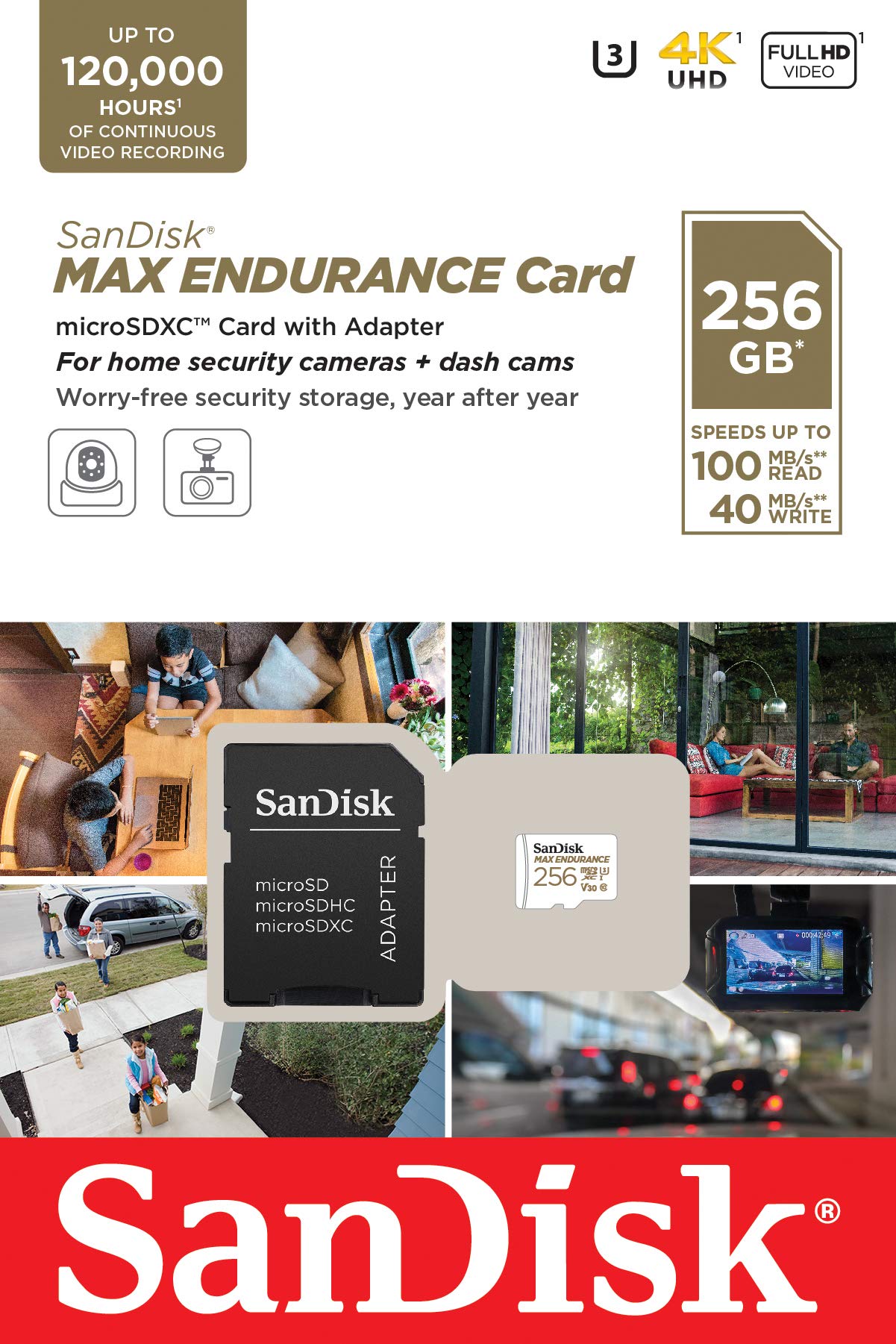 SanDisk MAX ENDURANCE Video Monitoring for Dashcams & Home Monitoring 256 GB microSDXC Memory Card and SD Adaptor 120,000 Hours Endurance , White