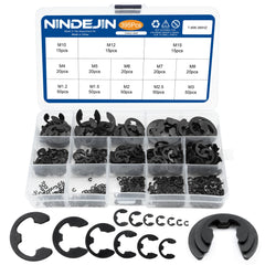 NINDEJIN 395PCS Retaining Rings E-Clip Assortment Set, 13 Sizes, Carbon Steel External Snap Ring, E-Clips Retainer Circlip Rings for Projects - Gears Pulleys Axles Shafts and Other Moving Parts