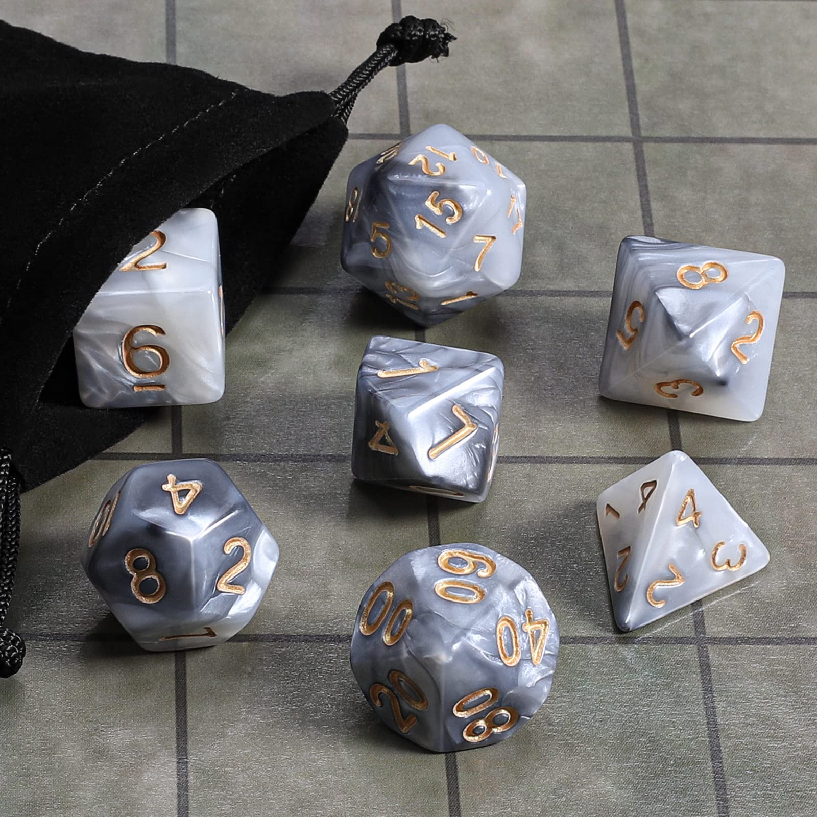 QMAY DND Dice Polyhedral Dice Set - 7 Pieces for Dungeon and Dragons MTG RPG D&D D20, D12, D10, D%, D8, D6, D4 (Grey mixed White)