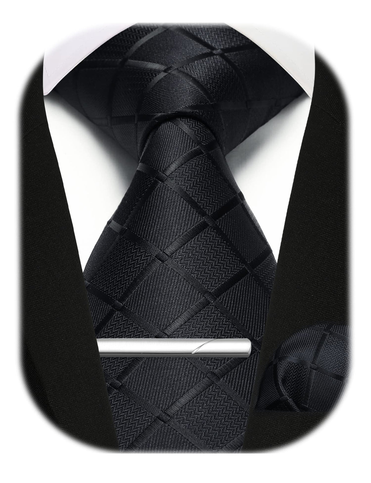 Enlision Tie Men Black Ties and Pocket Square Set Plaid Check Ties For Men With Tie Clip Business Formal Wedding Necktie Handkerchief Tie Pin Gift Sets,Black