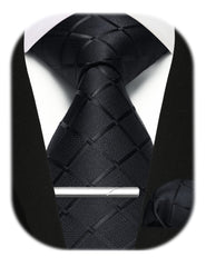 Enlision Tie Men Black Ties and Pocket Square Set Plaid Check Ties For Men With Tie Clip Business Formal Wedding Necktie Handkerchief Tie Pin Gift Sets,Black