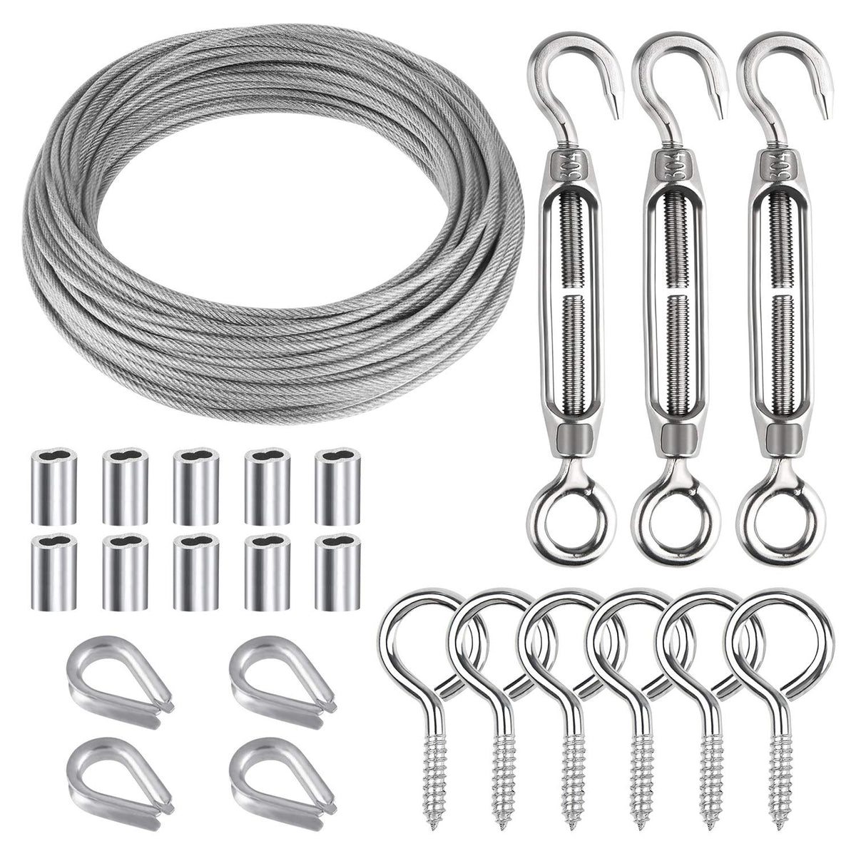 CHRORINE 24 Pcs Garden Wire Rope Kit 304 Stainless Steel M5 Turnbuckle Tensioner Cable Rope Wire Rope Thimble