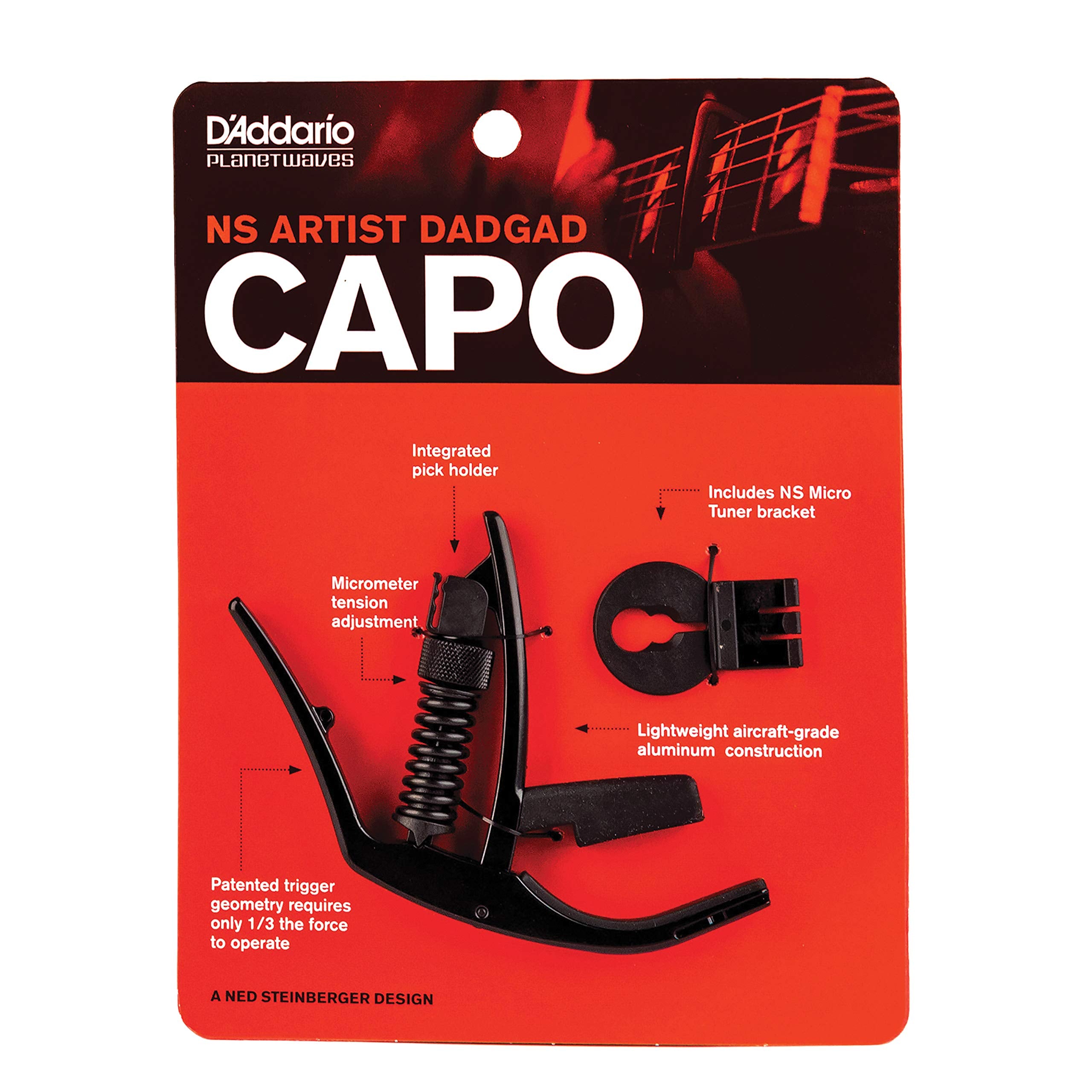 Planet Waves PW-CP-14 D'Addario Guitar Capo - NS Artist Dadgad - Simulates dadgad Tuning - Single Hand Use – Integrated Pick Holder and NS Micro Tuner Mounting Bracket ,Black