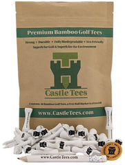 Castle Tees White 40 x 51mm 2 inch White Premium Bamboo Golf Tees with a Free Ball Marker & Free Pencil. Twice the strength of regular bamboo very strong & durable & a Great Golf Gift.