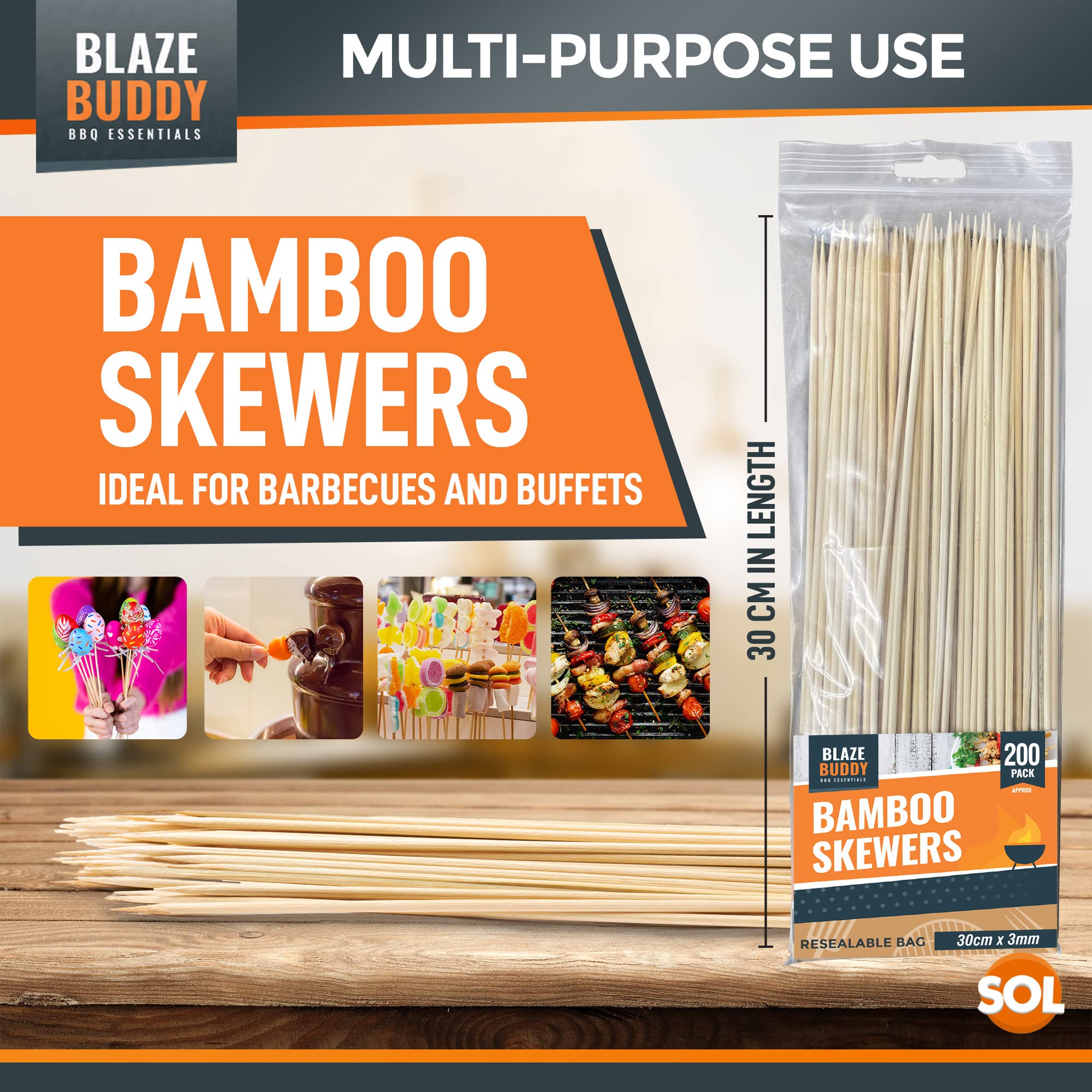 Blaze Buddy 200pk Bamboo Skewers 30cm   Wooden BBQ Skewers   Ideal as Kebab Skewers and Barbecue Skewers   Kebab Sticks   Long BBQ Sticks   Wooden Skewers 30cm