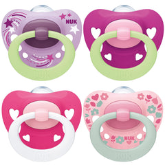 NUK Signature Night & Day Baby Dummies   18-36 months   Glow in the Dark Soothers   BPA-Free Silicone   Pink   4 Count