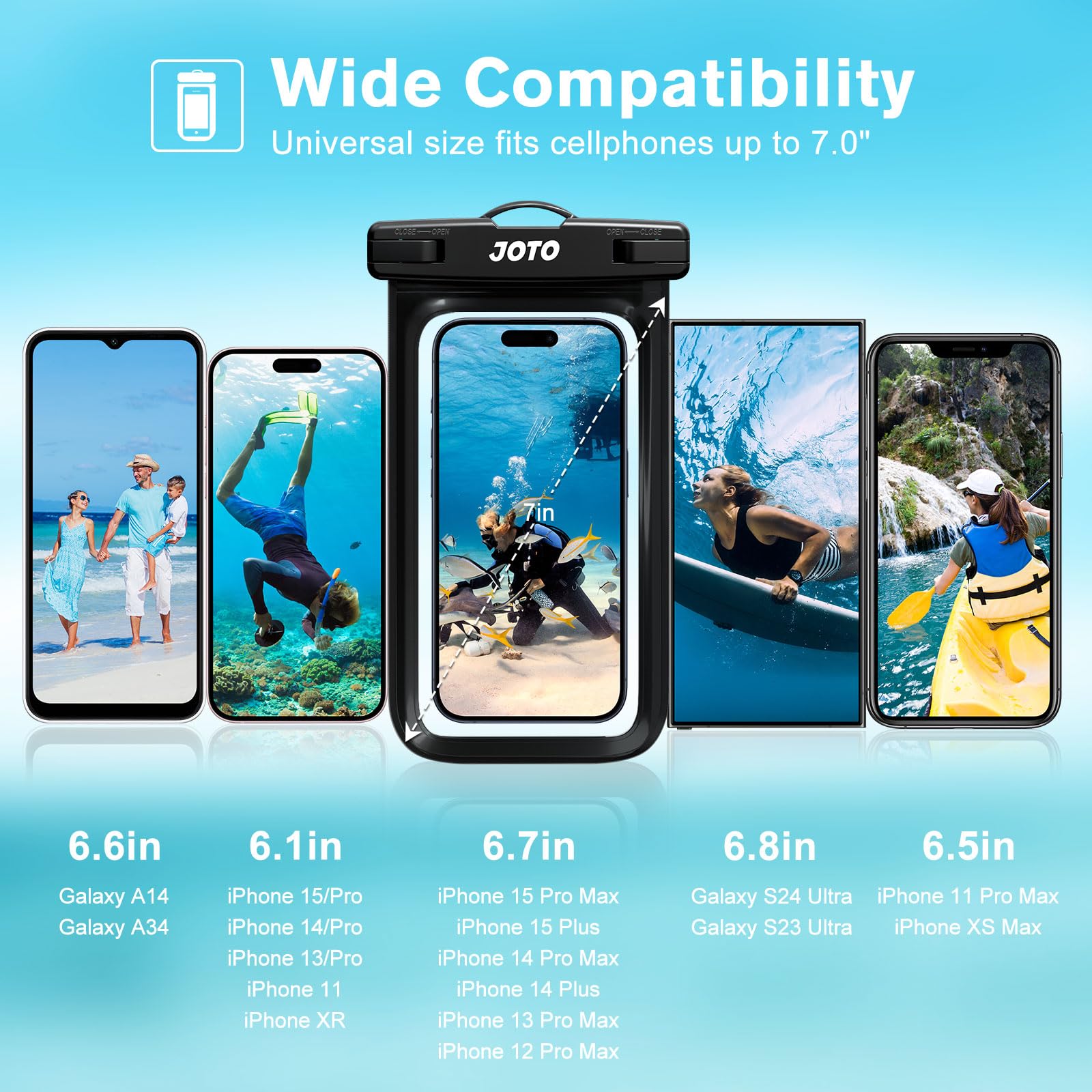 JOTO 2 Pack Waterproof Phone Pouch for snorkelling, IPX8 Underwater Case Sleeve Dry Bag for iPhone 15 14 13 Plus Pro Max, Galaxy S24 S23 S22 Ultra 7.0 inch, Cruise Beach Essential -Black