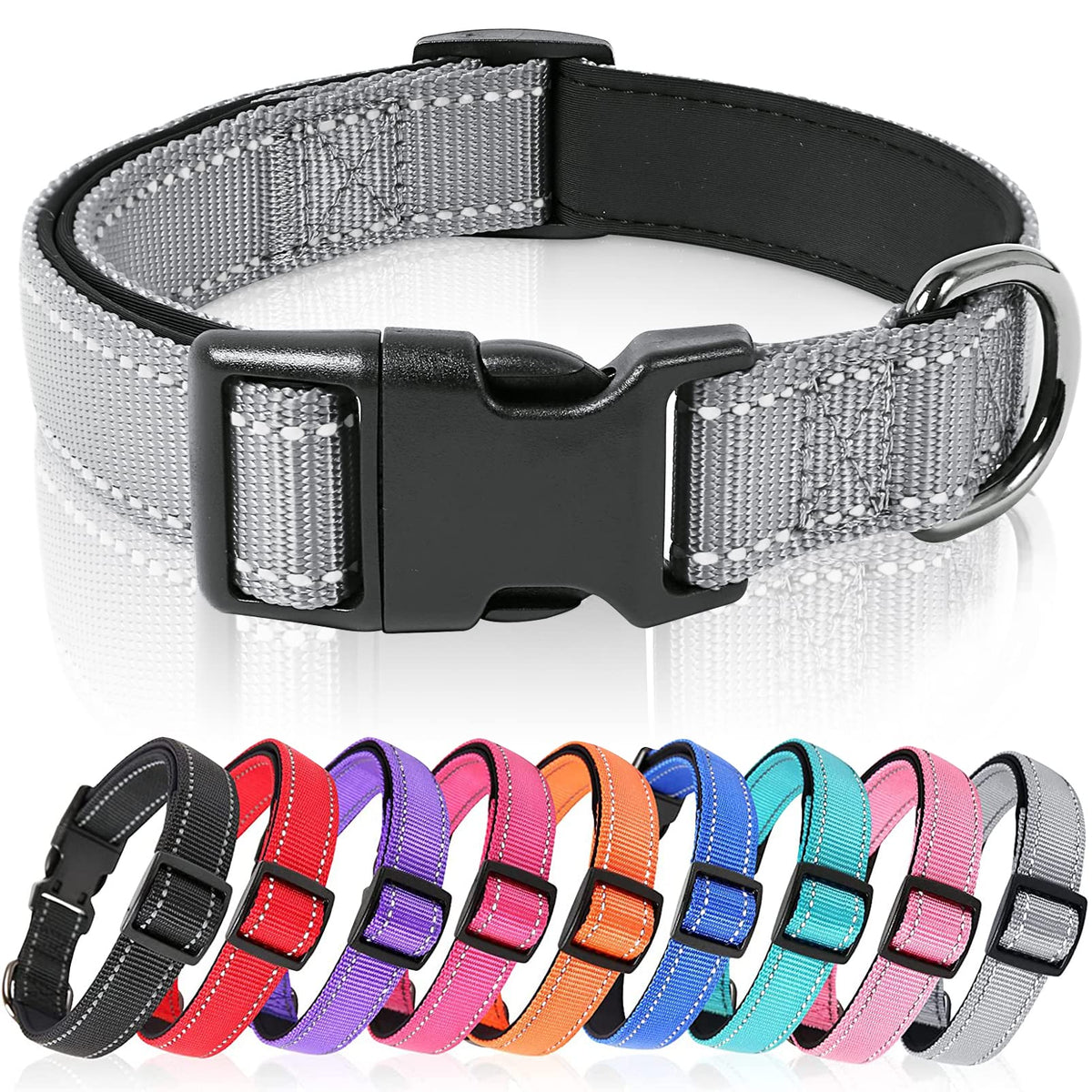 HEELE Dog Collar, Reflective Dog Collar, Soft Neoprene Padded Breathable Nylon Pet Collar Adjustable for Small Dogs, Grey, S(26-38cm)