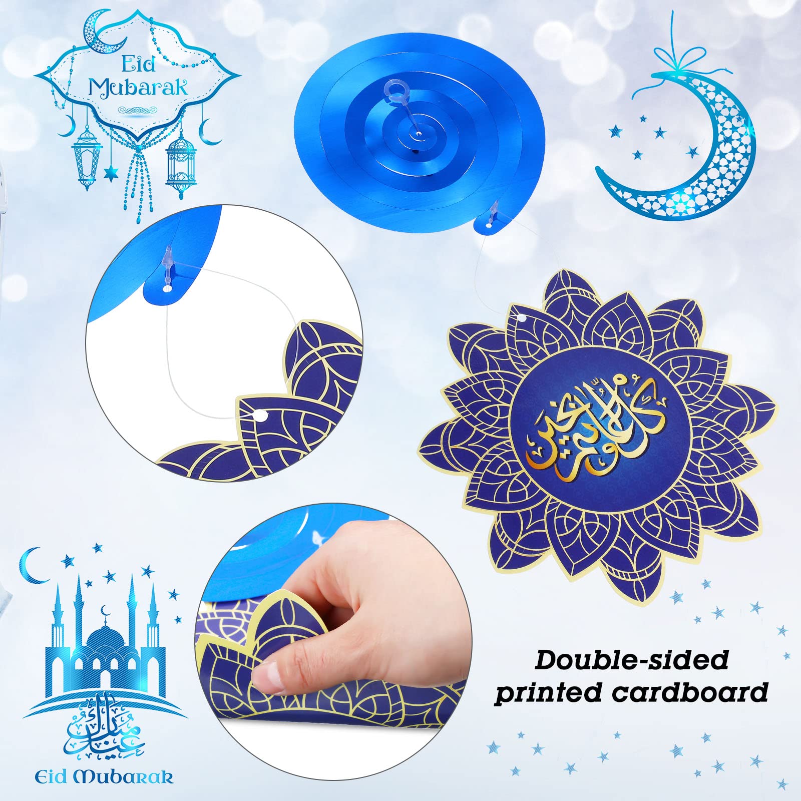 Zonon 30 Pieces Ramadan Mubarak Decorations, Eid Mubarak Hanging Swirl Shining Gold Star Moon Lantern Ceiling Foil Decor for Eid Al-fitr Party Egyptian Holiday Decorations Supplies (Blue and Gold)