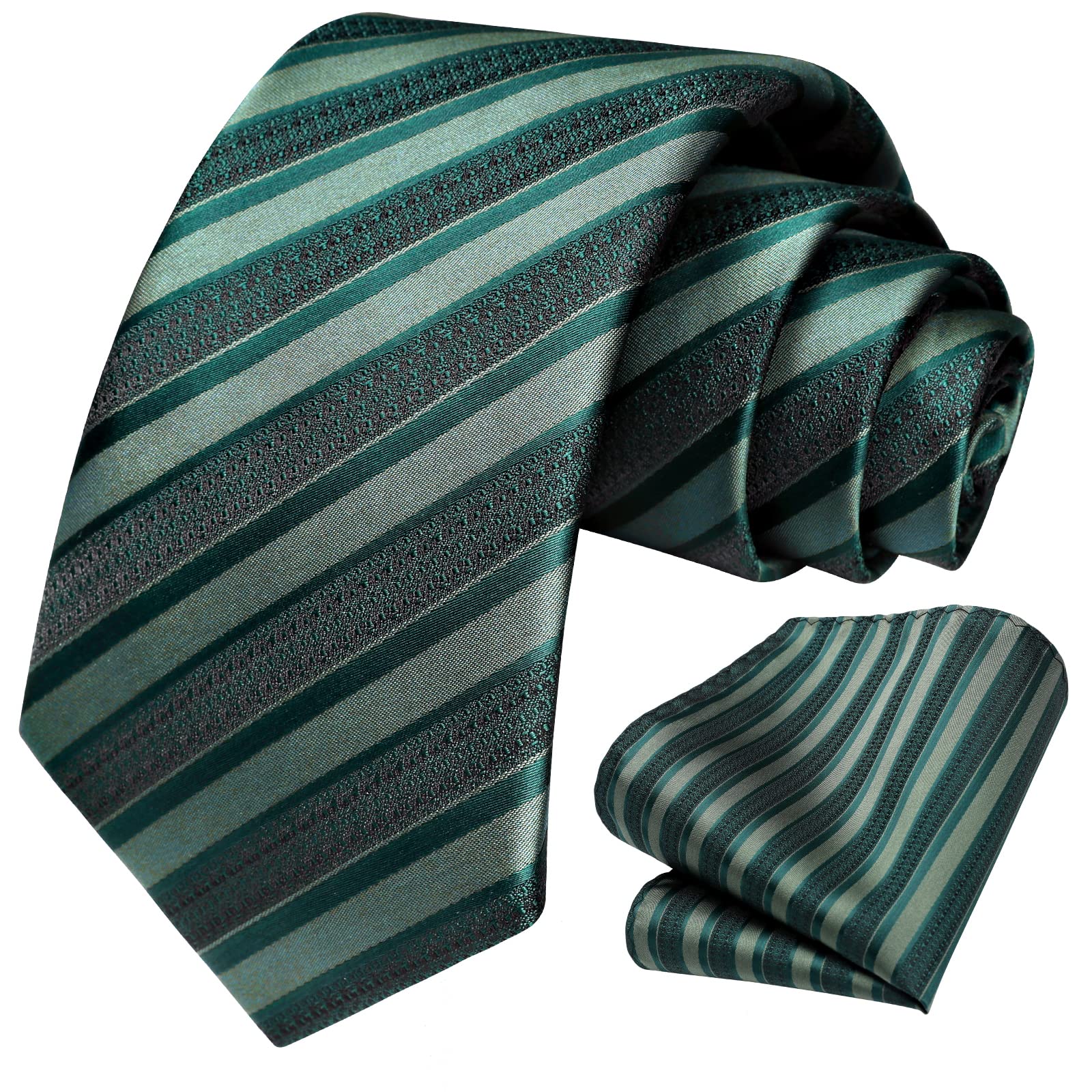 HISDERN Green Ties for Mens Necktie Ties and Hanky Sets Striped Tie