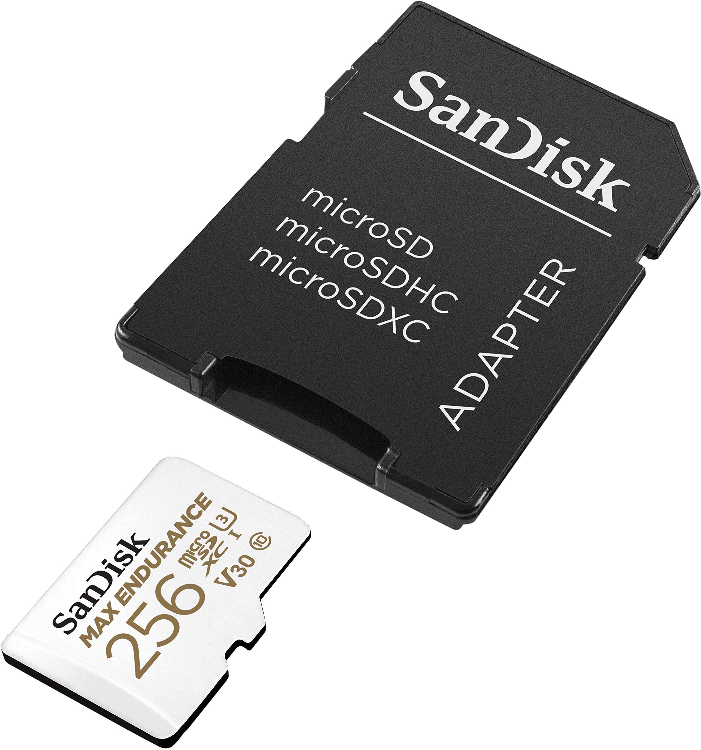 SanDisk MAX ENDURANCE Video Monitoring for Dashcams & Home Monitoring 256 GB microSDXC Memory Card and SD Adaptor 120,000 Hours Endurance , White