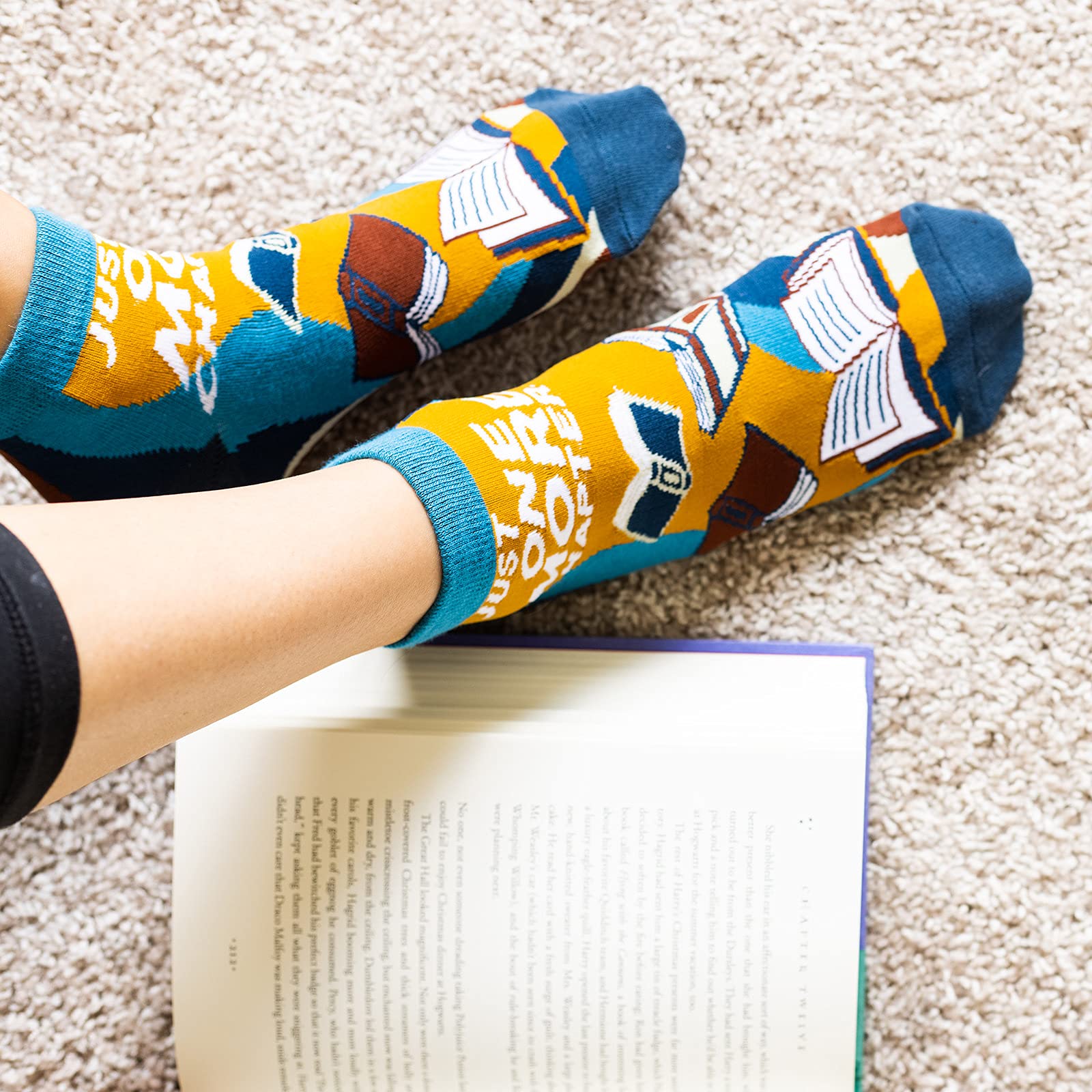 Funny Novelty Ankle Socks For Women - Ultra Comfy Cotton Blend (Gifts For Coffee Lovers, Book Lovers, Plant Lovers and More), Just One More Chapter, One Size