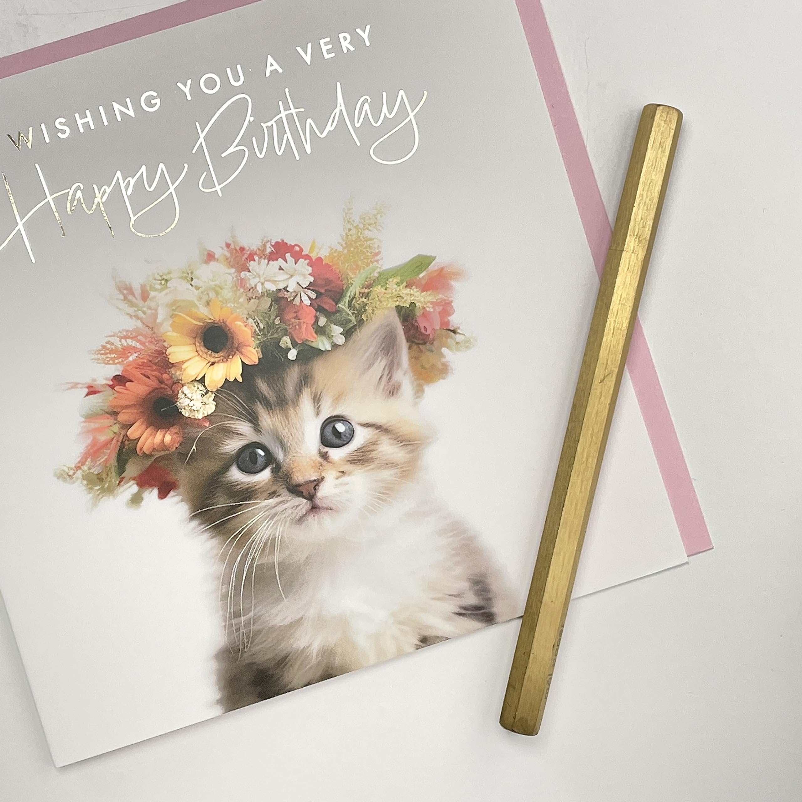 Old English Co. Baby Kitten Very Happy Birthday Card for Her - Cute Kitten Floral Birthday Card for Women - Cute Birthday Cards for Sister, Mum, Daughter, Friend   Blank Inside with Envelope…