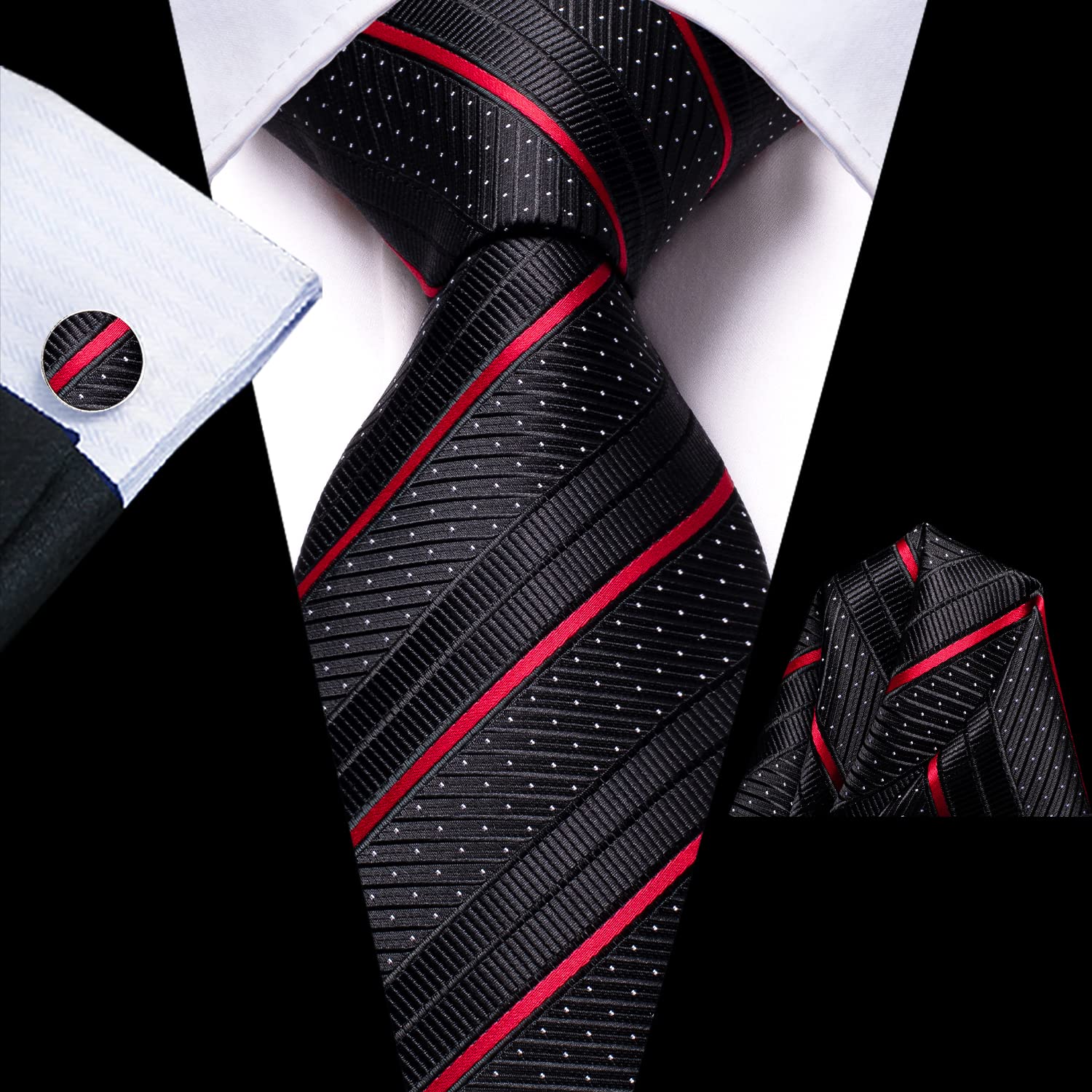 Hi-Tie Formal Black Red Striped Mens Neck Tie Set Silk Woven Ties With Pocket Squares Cufflinks Clip Pin Designer Tie