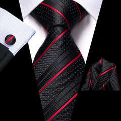 Hi-Tie Formal Black Red Striped Mens Neck Tie Set Silk Woven Ties With Pocket Squares Cufflinks Clip Pin Designer Tie