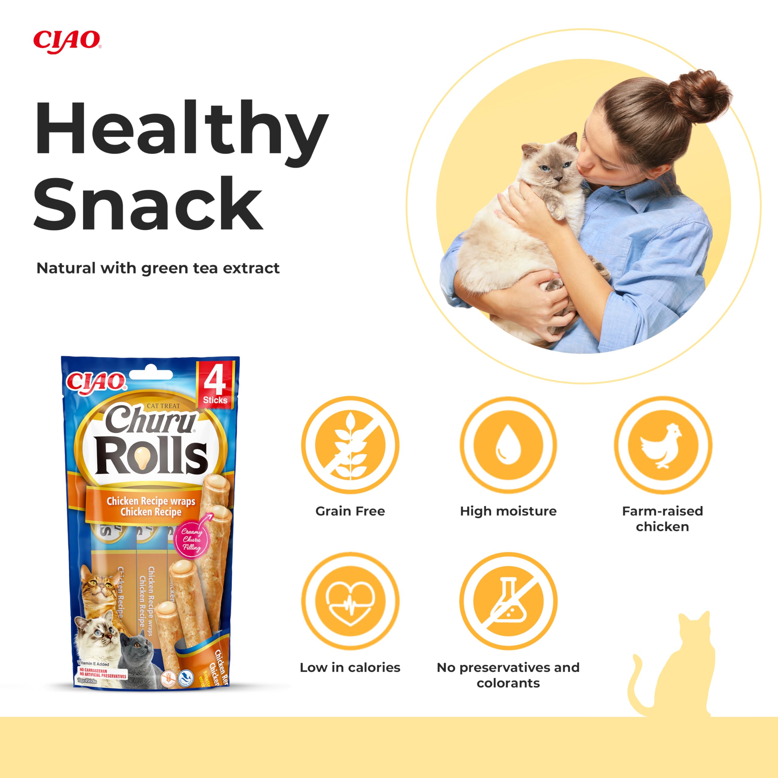 Ciao Churu Rolls by INABA Cat Treat - Chicken Flavour (4 x 10g) / Crispy Sticks with Creamy Filling Cat Treat, Delicious & Healthy Snack, Hand Feeding, Natural, Grain Free